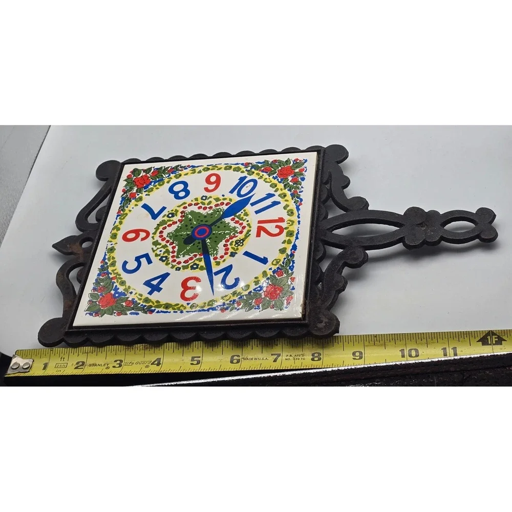 Vintage Lobeco Wall Clock Cast Iron Trivet 10.5in White Tile Retro Floral Japan